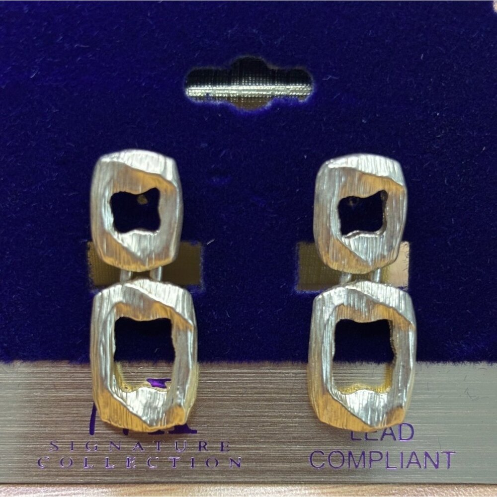 Abstract Gold-Tone Double Dangle Earrings With Textured Open Rectangles